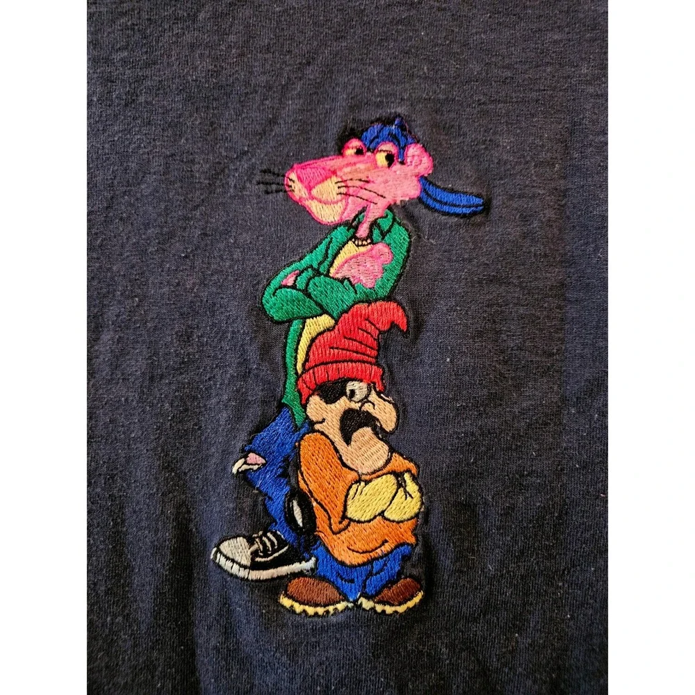 Vintage 90's Pink Panther Cartoon Navy Embroidered‎ T-Shirt Kids 14-16 Rare Find